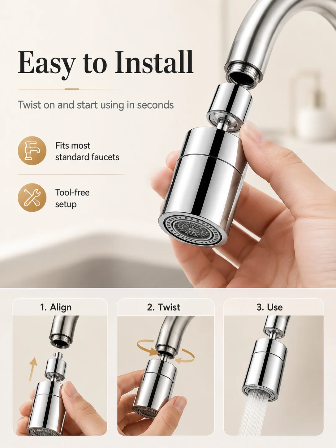 1080° Rotating Faucet Extender Aerator Splash Proof Dual Mode Water Nozzle for Kitchen Bathroom Sink