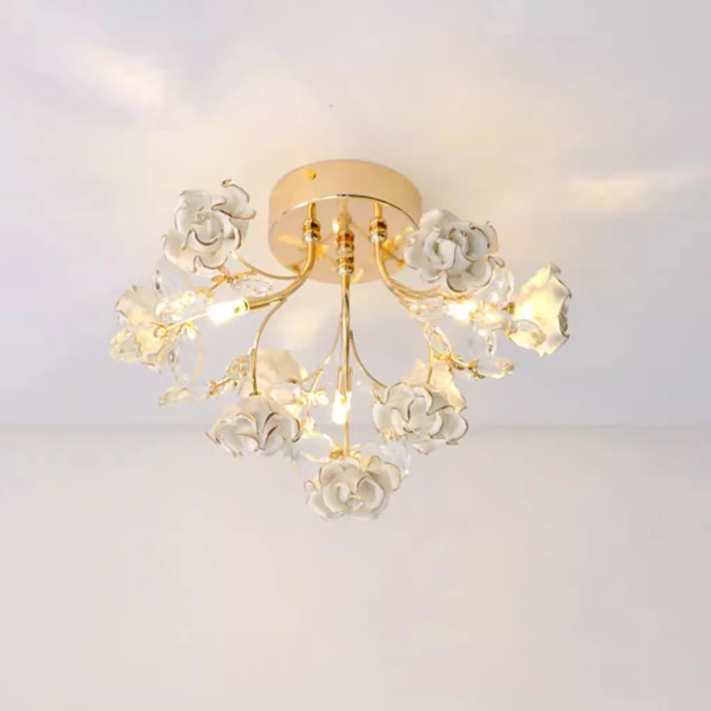 

Romantic Flower Ceiling Lamps Pink Princess Room Girl Bedroom Lamp French Pastoral Style Aisle Cloakroom Crystal Ceiling Lights