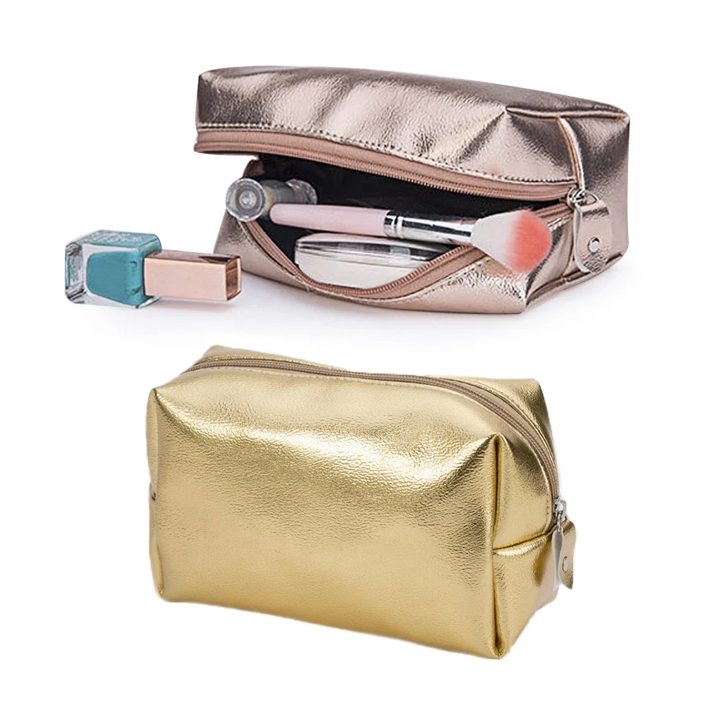 

PU Leather Golden Cosmetic Bag Travel Makeup Storage Pouch Wash Toiletry Organizer Purse Handbag for Women Girls Make Up Case