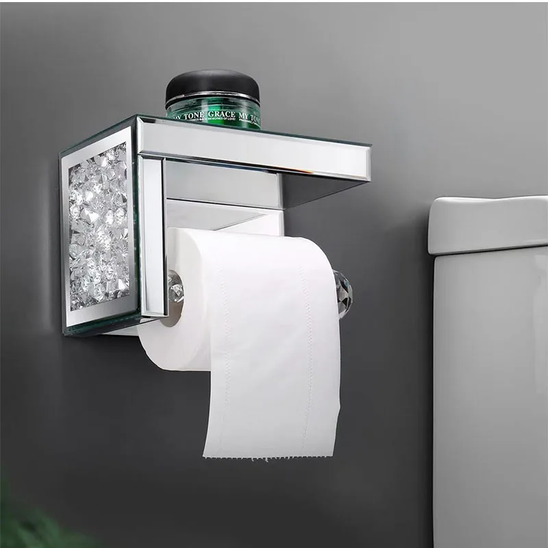 Luxury Rhinestone Crystal Toilet Paper Holder with Shelf Wall Mount Chrome Mirror Bathroom Tissue Roll Holder for Bathroom