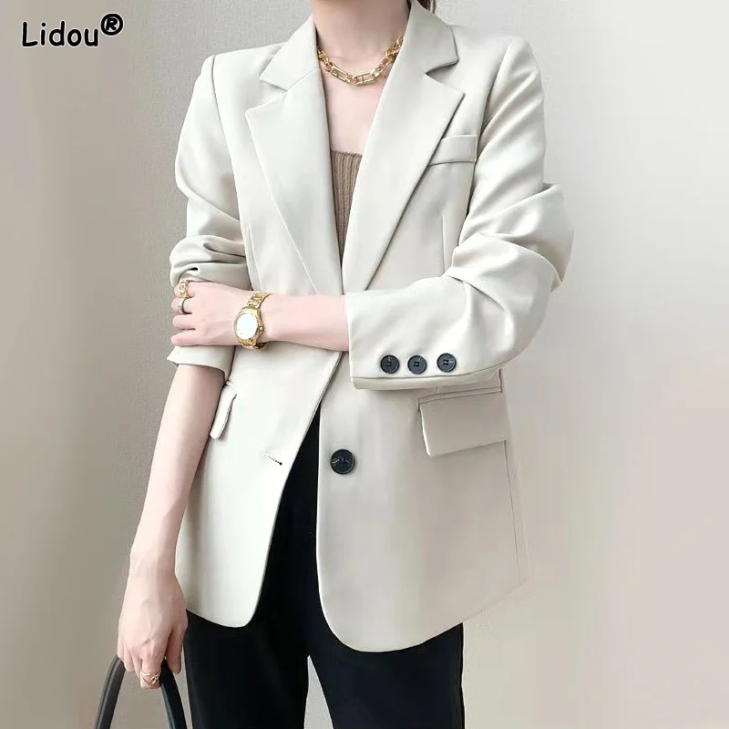 

Thin Blazers Solid Loose Autumn Winter Notched Cardigan 2022 Women's Clothing Temperament Pockets Simple Button Casual Capable