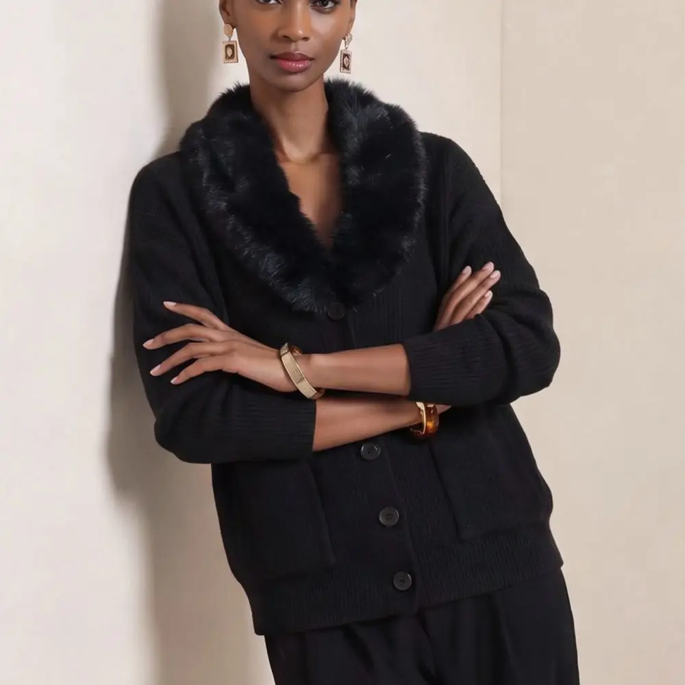 Herbst Damen Strickjacke mit Pelzkragen, Langarm, Locker Geschnitten, Einfarbig, Lässig, mit Taschen, Modisches Oberteil