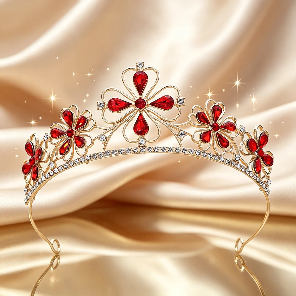 Baroque Four-Leaf Flower Crystal Bridal Tiara Sparkling Rhinestone Floral Queen Crown Elegant Royal Headpiece Wedding Birthday view 6