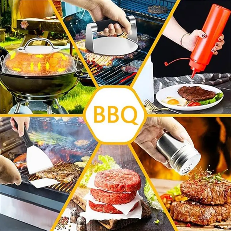 JHD Burger Press Kit 5 Pieces- Cooking BBQ Cookware Set, Barbecue Tool Set For Griddle, Grill For Cookout, BBQ