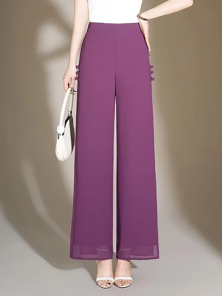ZUZK Slit Chiffon Long Pants Summer Comfortable Elastic Waist Slim Double Layer Chiffon Pants Chic Droop Chinese Style Pants