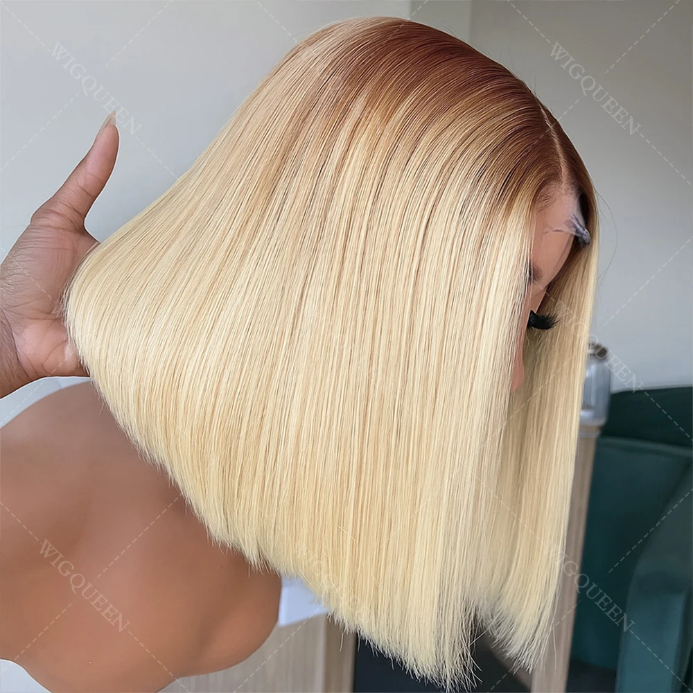 

Парик-боб с прямым краем из HD-кружевной ткани 13x4, с темными корнями, из натуральных бразильских волос, короткий, омбре, медово-русый