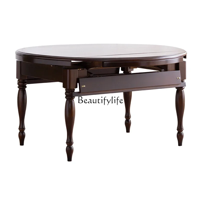 

46French retro solid wood folding dining table antique rectangular retractable round table and chair combination
