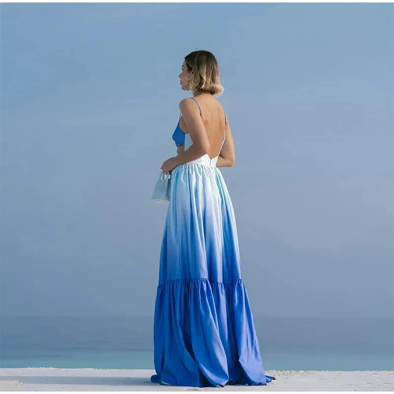 Women's Elegant Satin V Neck Gradient Backless Evening Dresses for Party Wear Wedding Guest Gowns Beach Dresses