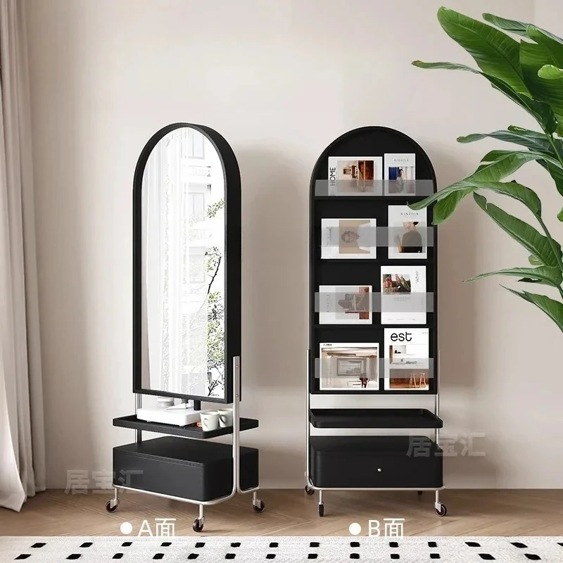

D80 Retro style magazine rack full-length mirror rotating movable storage drawer hidden full-length mirror