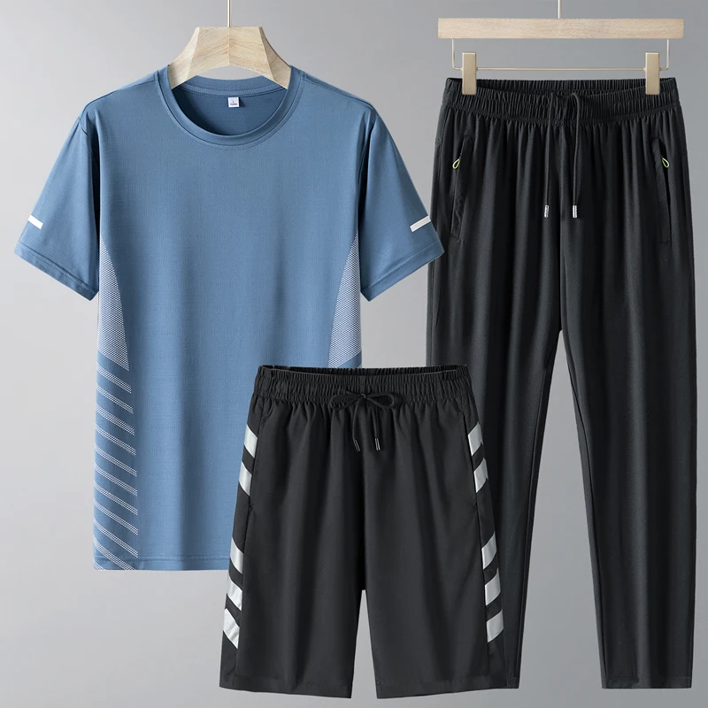 Men's Solid Color Pullover Short Sleeve Round Neck T-shirt with Elastic High Waist Pockets Long Pants Shorts Summer Casual Sets