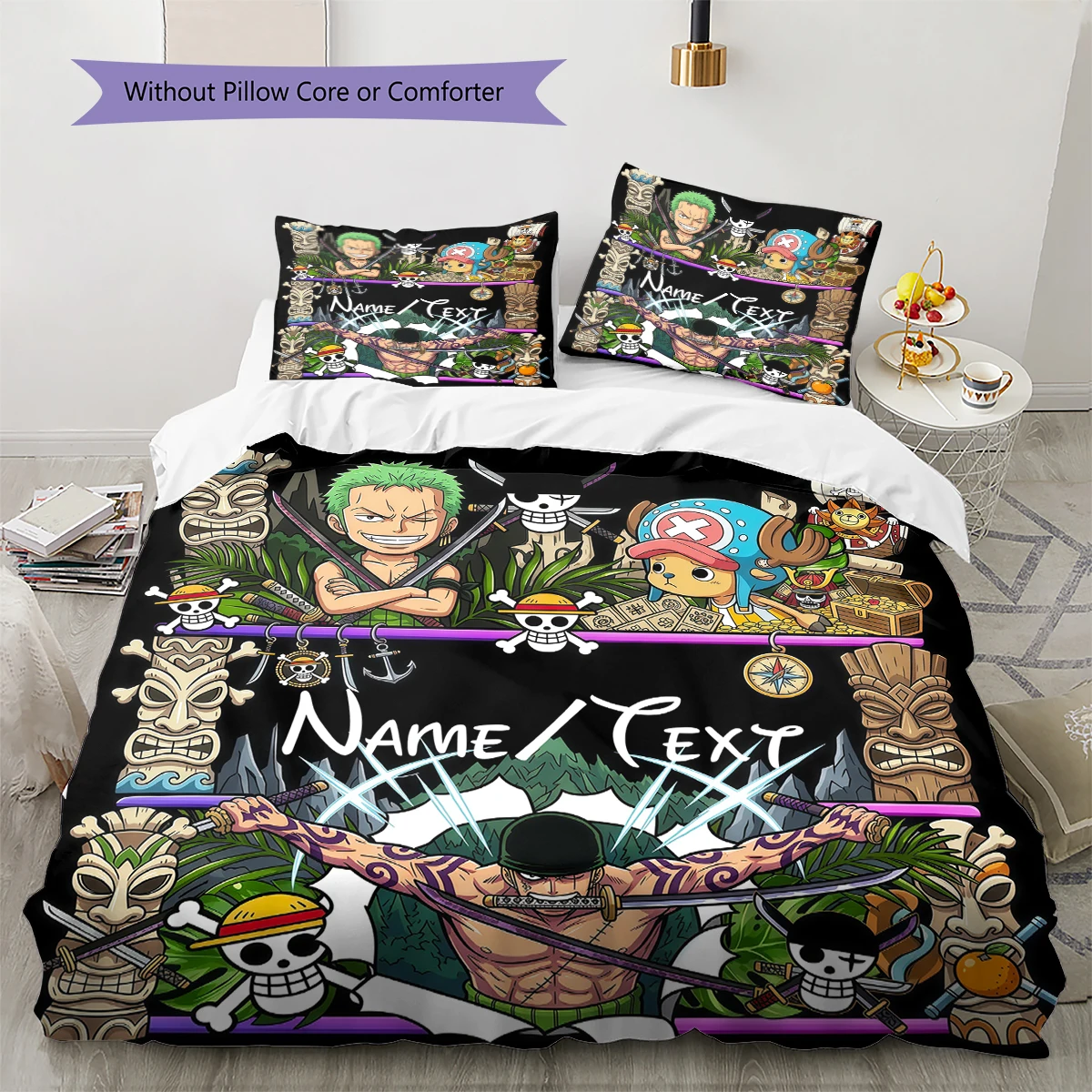 Funda de edredón cómoda de One Piece Zoro con nombre personalizado, estampado disponible en varios tamaños (1 edredón + 2 fundas de almohada sin relleno), tamaños -HE89