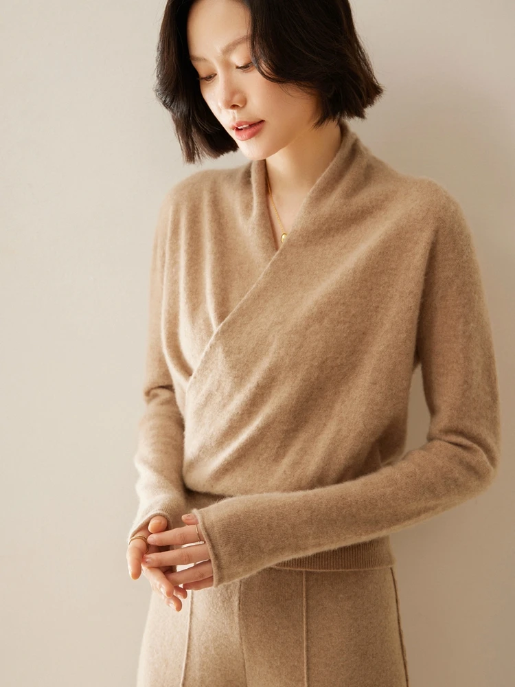 Elegant Women 100% Cashmere Knitted Sweater Autumn Winter Warm Soft V-neck Pullover Long Sleeve Basic Female Clothing Tops