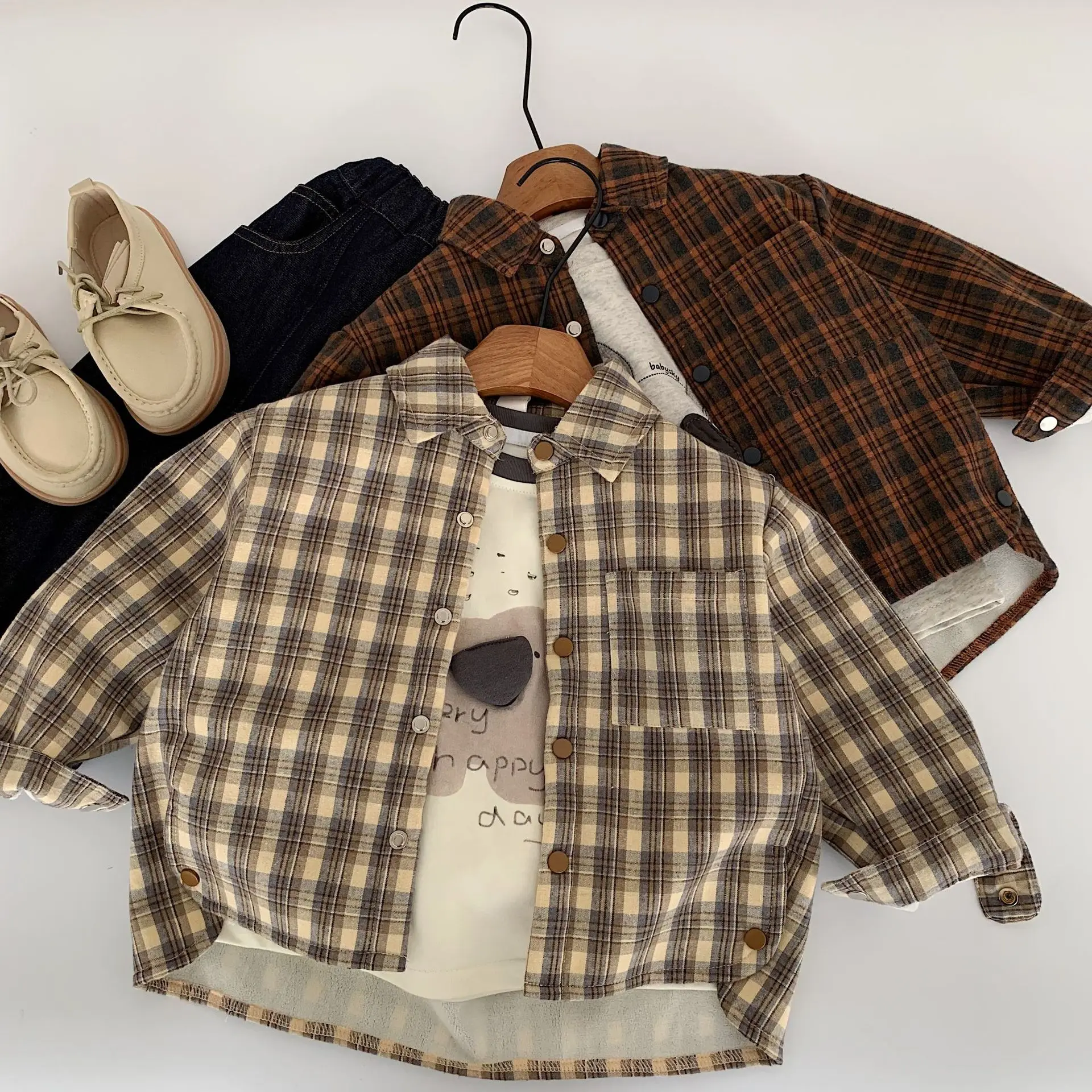 

Children Kid Boy Shirt Winter Plaid Thick Turn Down Collar Retro Teenager Boys Blouses Versatile Casual Top For Junior 1-8Y Boy