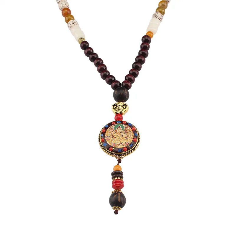 New Vintage Nepal Long Buddhist Mala Wood Beaded Pendant & Necklace Ethnic Bohemian Boho Buddha Lucky Jewelry for Women Men