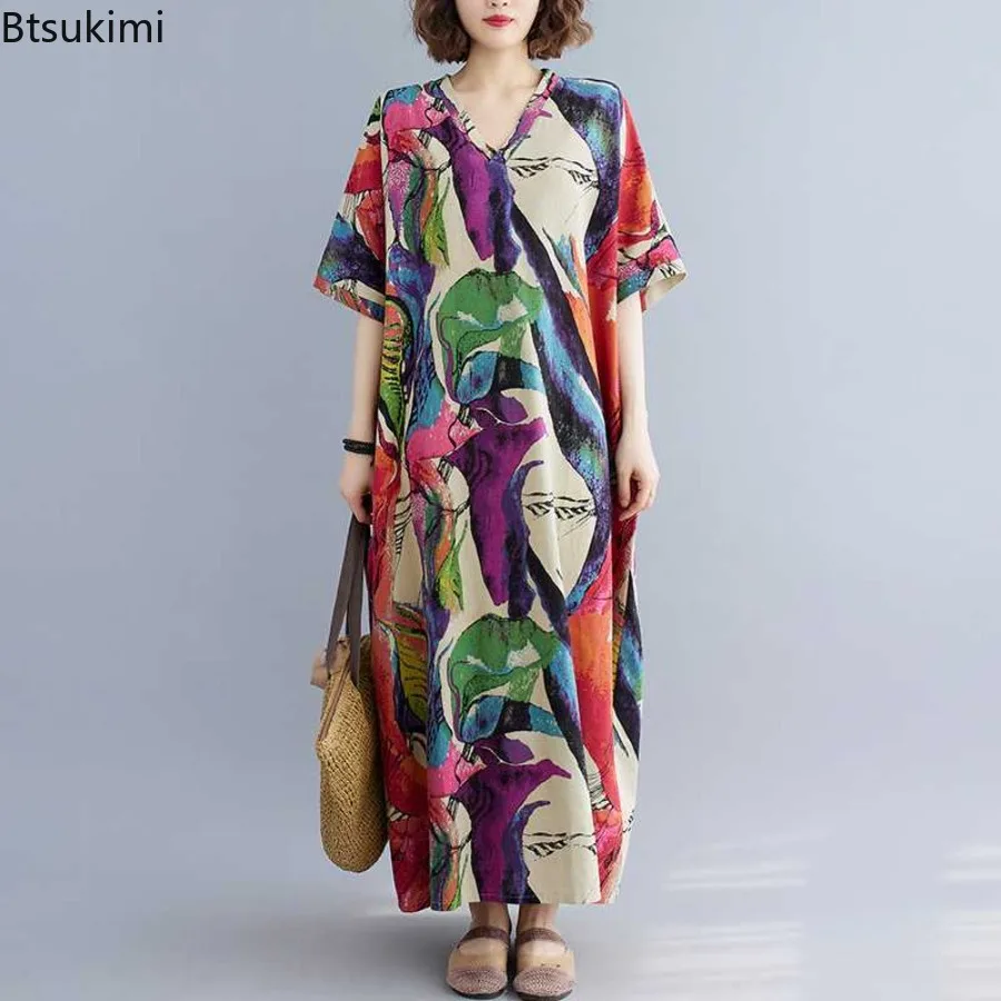 

Summer Oversized Short Sleeve Cotton Linen Vintage Floral Dresses Women Casual Loose Maxi Long Summer Dress Elegant Clothing