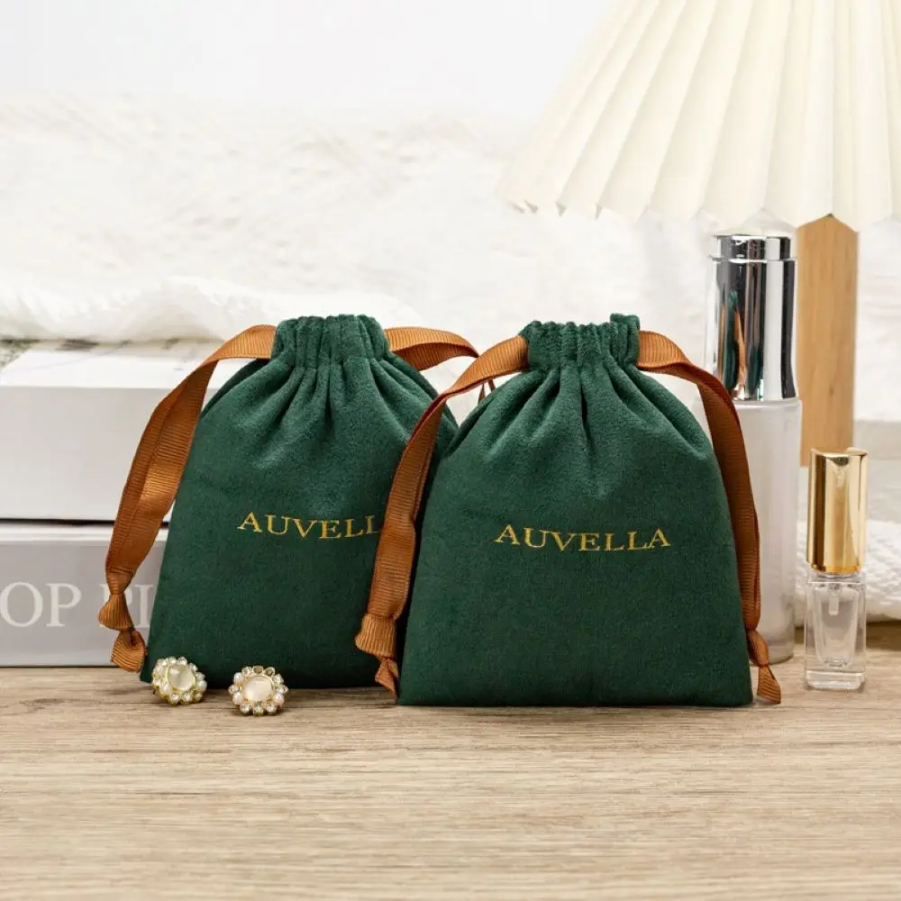 

Luxury Dark Green Soft Velvet Drawstring Bags Custom Logo Packaging for Purses Cosmetics Jewelry Gift Dustproof Storage Pouches