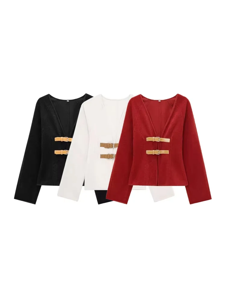 

BWQ Women Fashion With Belt Woolen Jacket Coat V Neck Long Sleeve Female Outerwear Chic Tops