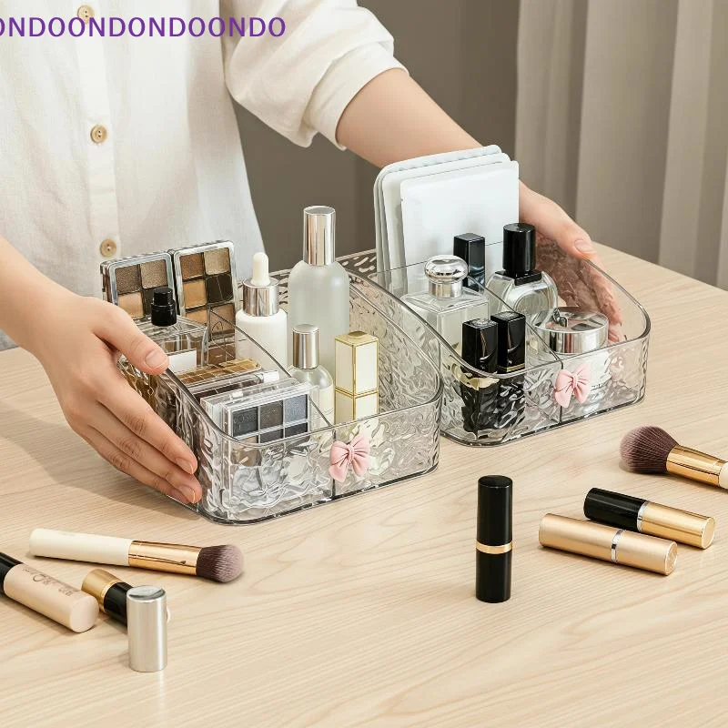 Clear Glacier Ripple Makeup Organizer Divided Compartments Pink Bow Decor Easy to Clean for Bathroom Vanity Storage