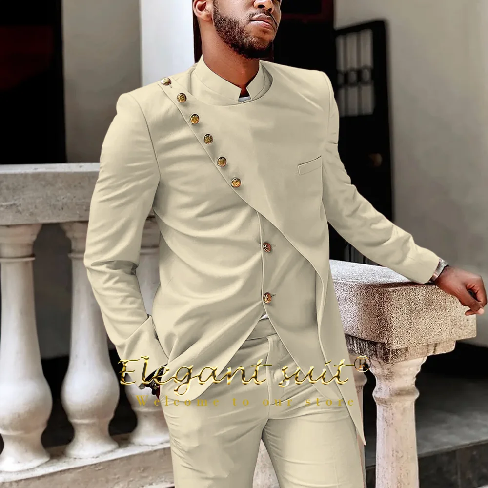 Men\'s fashion single-breasted gold button 2-piece suit, African style stand collar custom elegant men\'s casual wear