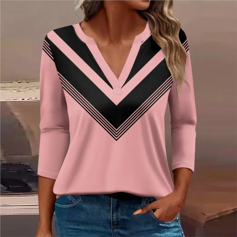 Spring Women's Long Sleeve T-Shirt New Fashion Gradient Color Blocking V Neck Printed Short Sleeve Top Casual Women's Clothing