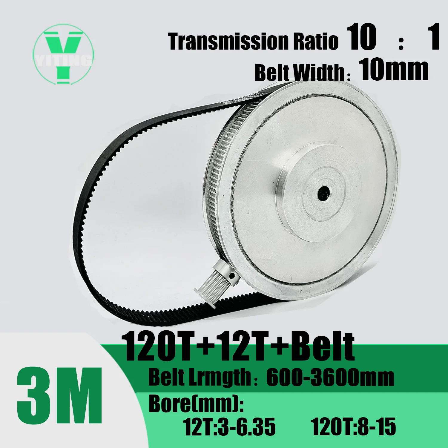 

HTD3M 12T 120Teeth Timing Pulley Belt Set Belt Width 10mm Bore 3~15mm Reduction10:1 Deceleration 3M Pulley Kit Synchronous Wheel