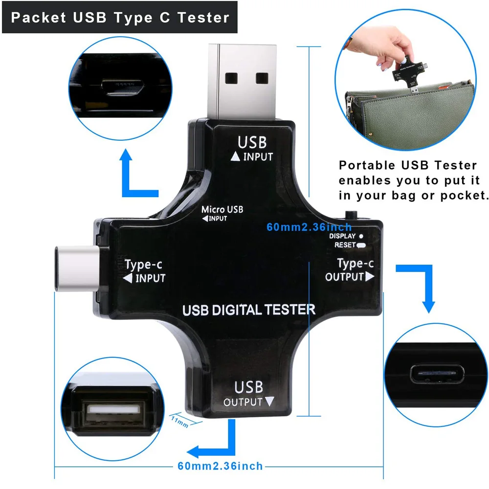 USB Tester Type-C USB-C Tester Voltage Current Tester Detector Reader Multimeter Color Screen for Phone Laptop Power Bank etc.