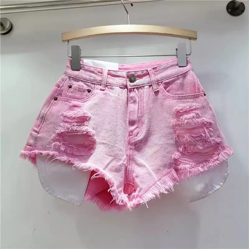 تسرب جيب الشارع هول غسلها الرجعية الأزرق الدنيم السراويل 2025 صيف جديد التوابل فتاة موضة الجينز السراويل الساخنة السراويل النساء