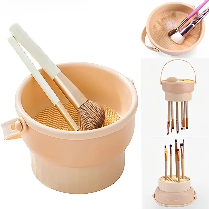 Makeup Brush Cleaner Mat 3 in 1 Silicone Washing Bowl with Brushes Scrubber Foldable Powder Puff Cosmetic Sponge Drying Tools