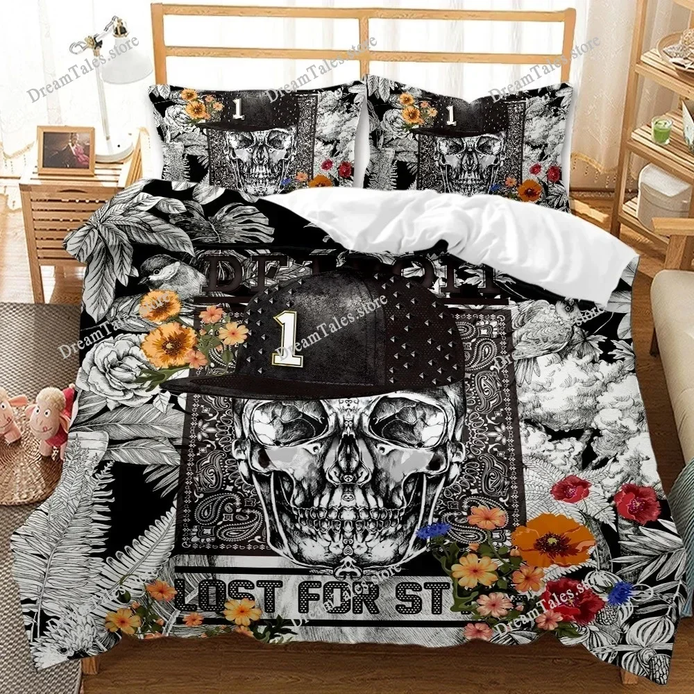 Skull Duvet Cover 3D Skeleton Floral Skull Pattern Printed Bedding Duvet Cover, Lightweight Microfiber Gothic Bedding Queen Size