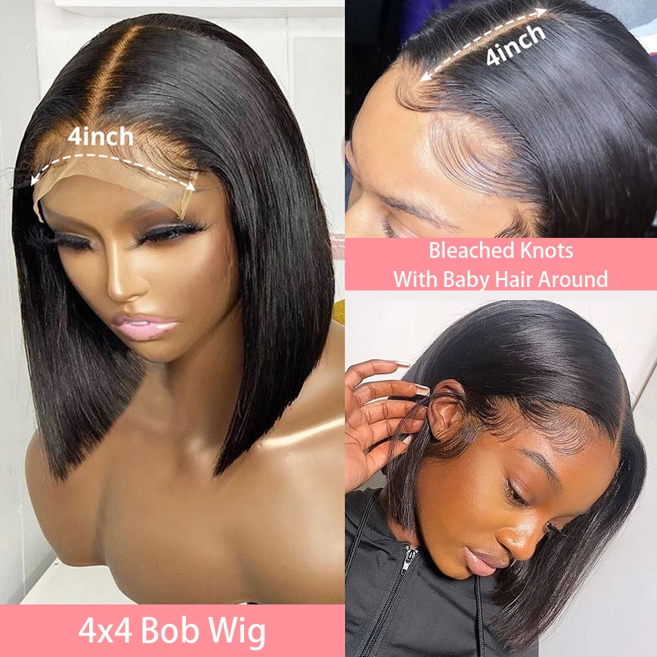 Wig Bob Frontal renda lurus 13x4 rambut manusia transparan 100% rambut manusia 4x4 penutup renda untuk wanita Wig Brasil 12 14 16 inci