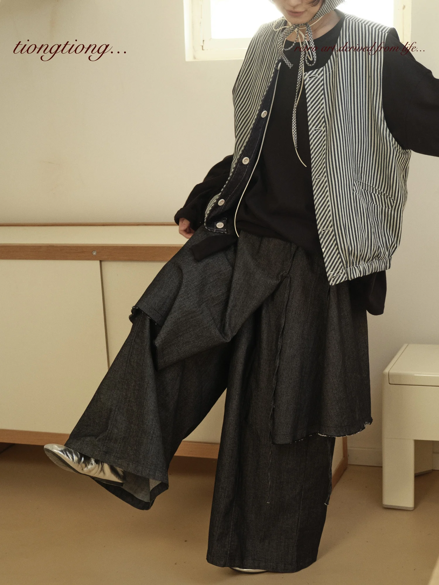 

Loose Wide Leg Jeans Skirt Pants Artistic Splicing Long Cotton Polyester Blend Women's Faion Spring Autumn TIONGTIONG