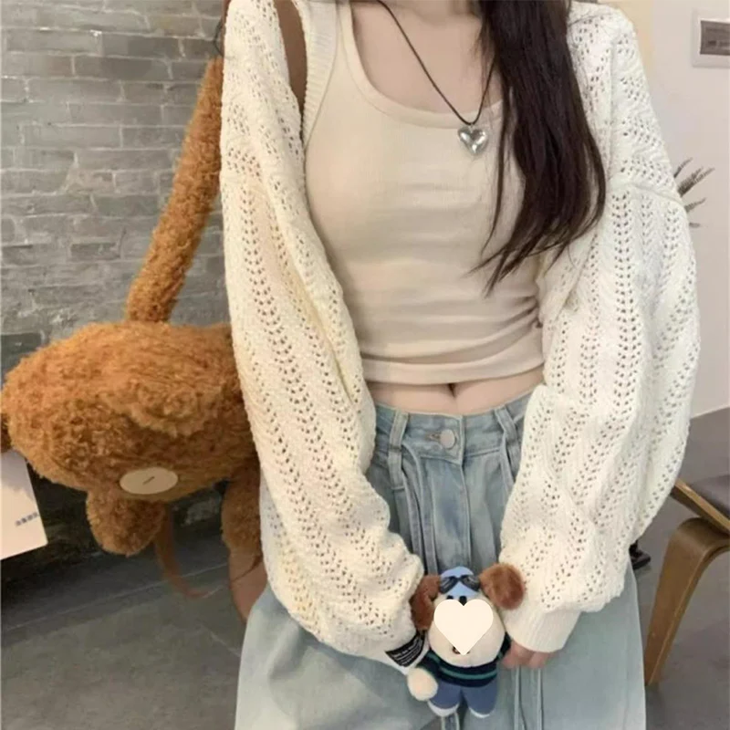 Autumn New Y2K Shrug Long Sleeve Cardigan for Women Korean Fashion Hollow Out Knitted Coat Harajuku Loose Lightweight Shawl Tops