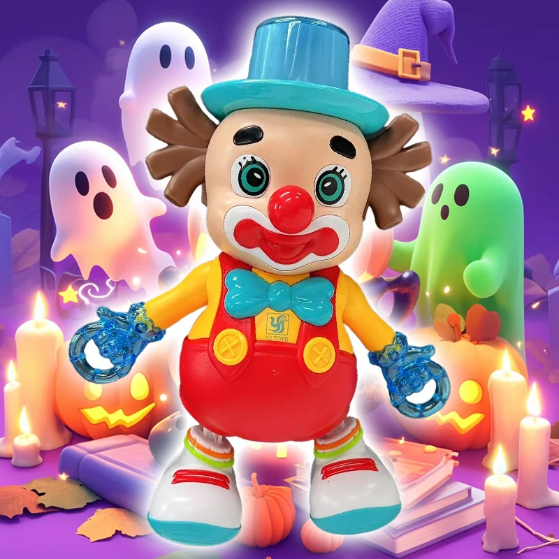 Elektryczny klaun-muzyczny z kolorowymi światłami i muzyką, idealny prezent świąteczny dla dzieci.