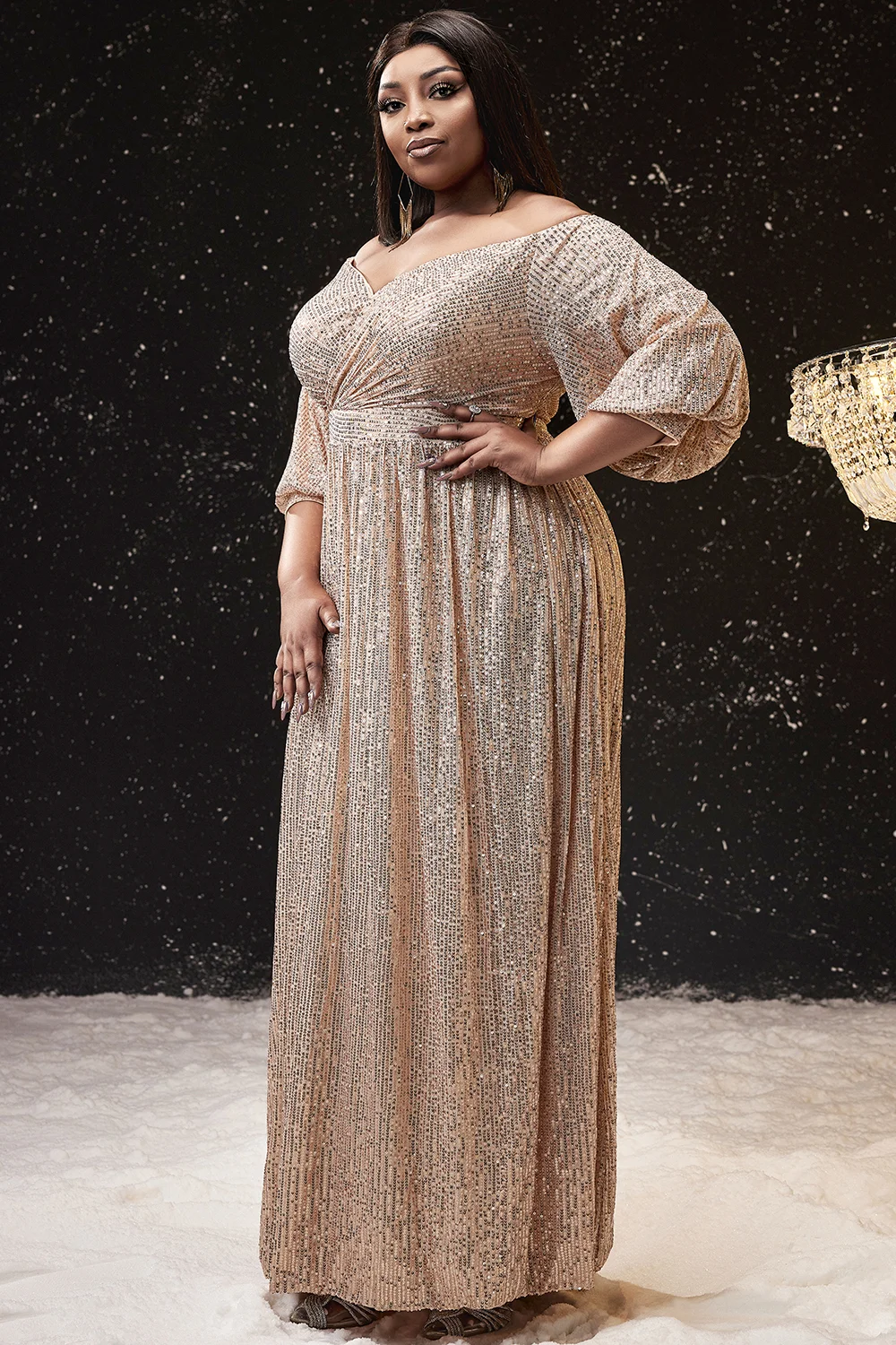 Plus Size Women Formal Dress Apricot Off The Shoulder Puff Sleeve Sequin Maxi Dress Cocktail Wedding Guest Empire Dress 2024