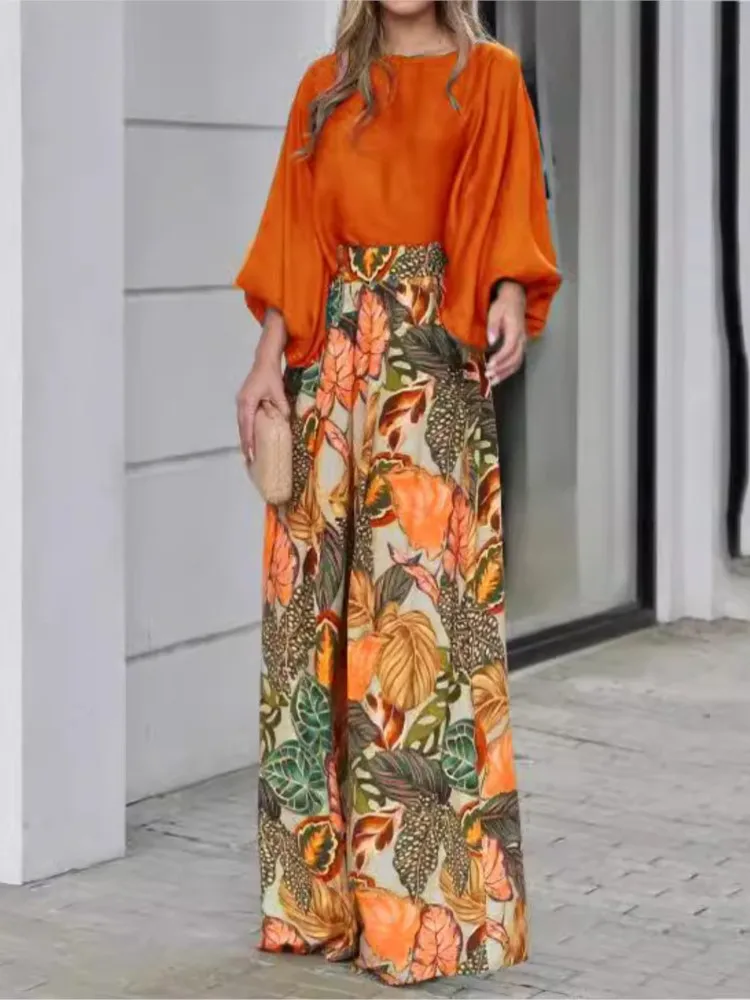 

Fashion Long-sleeved O-neck Top + Wide-leg Pants 2-piece Set Women Elegant Lantern Sleeves Floral Print Loose Casual Suit Female