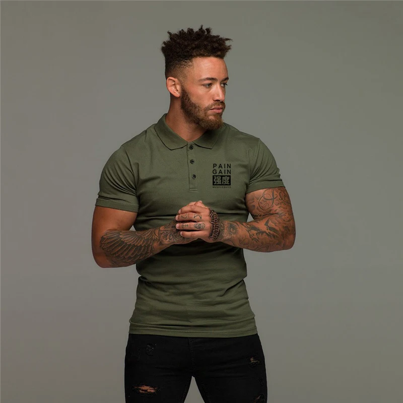 Summer Cotton Breathable Polo Shirts Men\'s Slim Fit Button Lapels Short Sleeve Sports Shirt Gym Fitness Bodybuilding Tees Tops