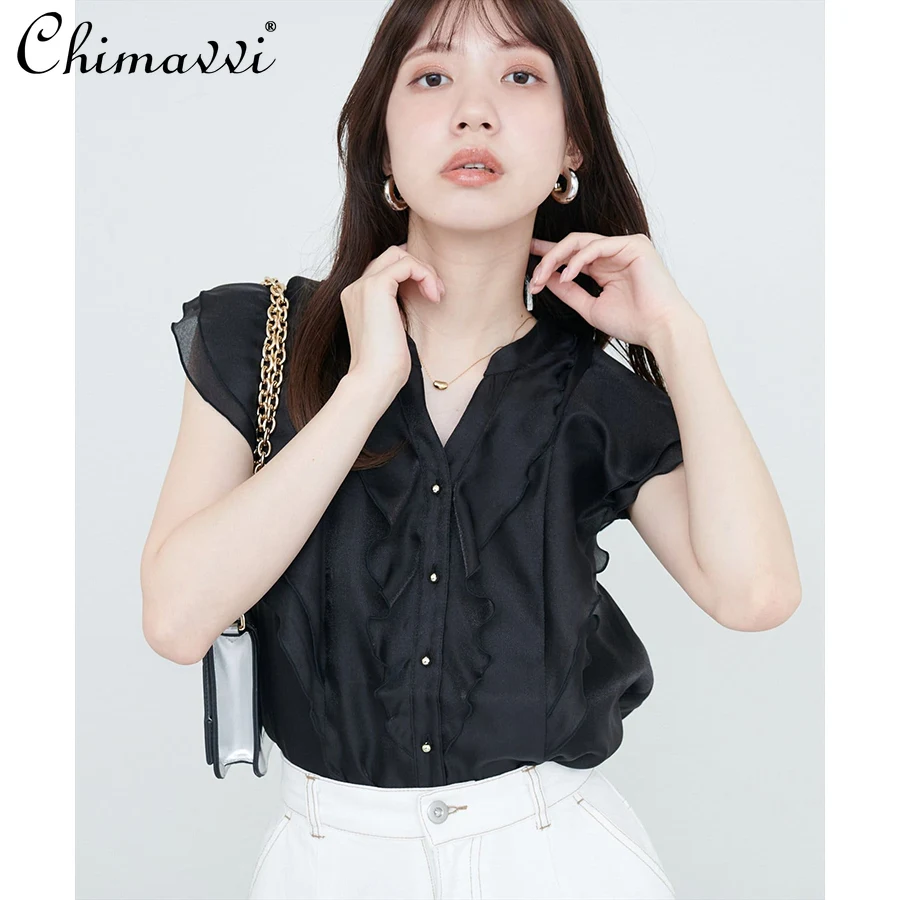 

Japanese Style Ruffled V-Neck Flutter Sleeve Shirt Top 2025 Summer Clothes New Sweet Girl Loose Elegant Women's Blouse