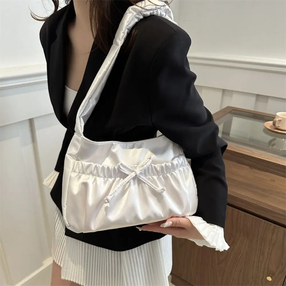 Simple Satin Pleated Hand Bag Korean Style Bow INS Shoulder Bag Portable Luxury Fashion Underarm Bag Outdoor