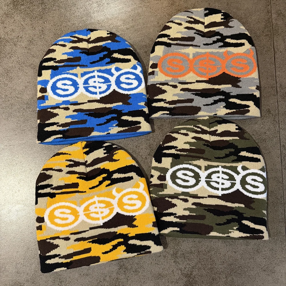 26FW Retro Camouflage Graphic Print 100%Cotton Casual Hat Keep Warm Beanie Knitted Stretchable Skullcap Men Women