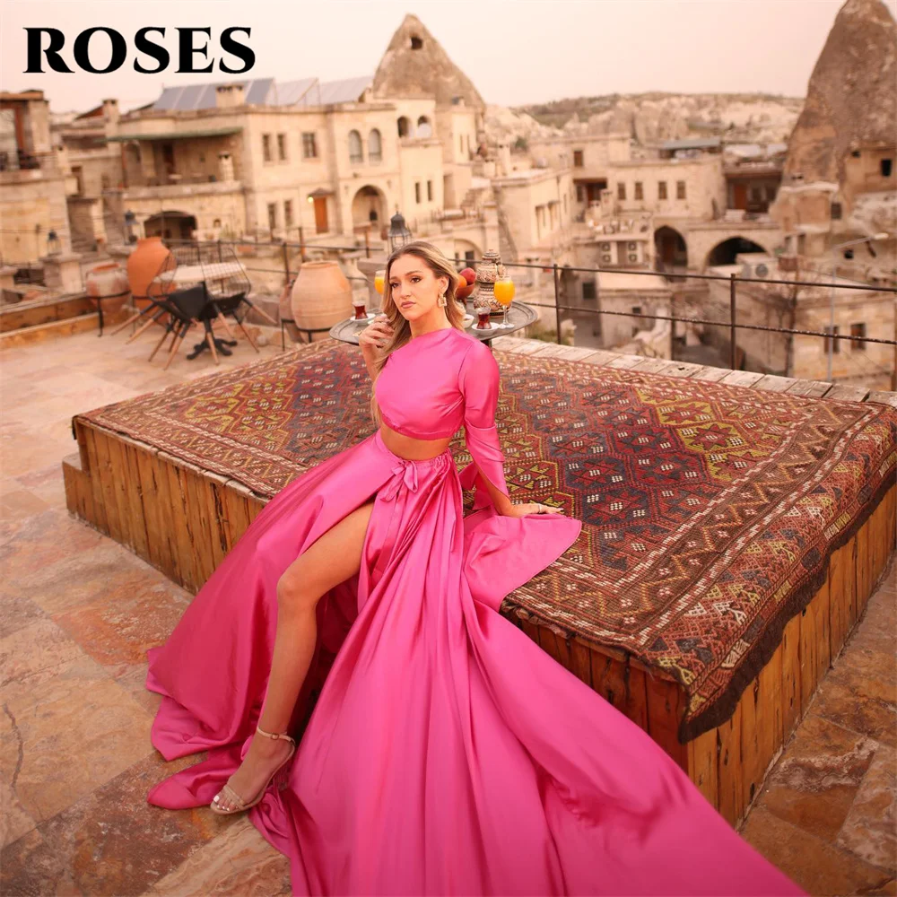 

ROSES Hot Pink Beach Prom Dress O Neck Celebrity Dress Women's Evening Dress with High Split Formal Gown with Long Train 프롬 드레스