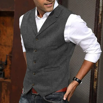 

KIDWHXR Men Vest Vintage British Style Single-breasted Slim Man Suit Vest Turn Down Collar Solid Color Versatile Male Waistcoat