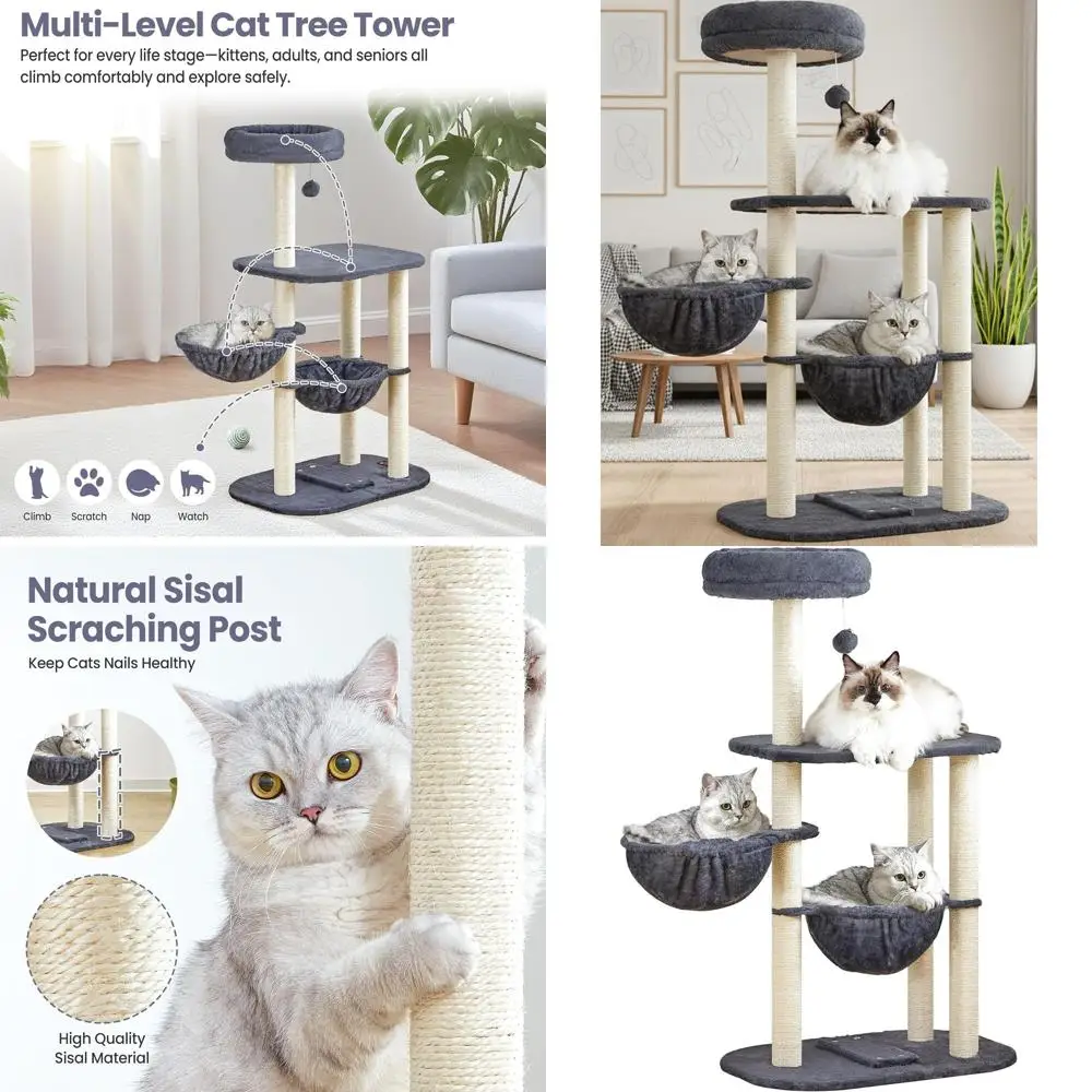 

42-дюймовая башня для кошачьего дерева среднего размера с когтеточкой, гамаком и окунем для домашних кошек — многоуровневый тренажерный зал для 2 ка