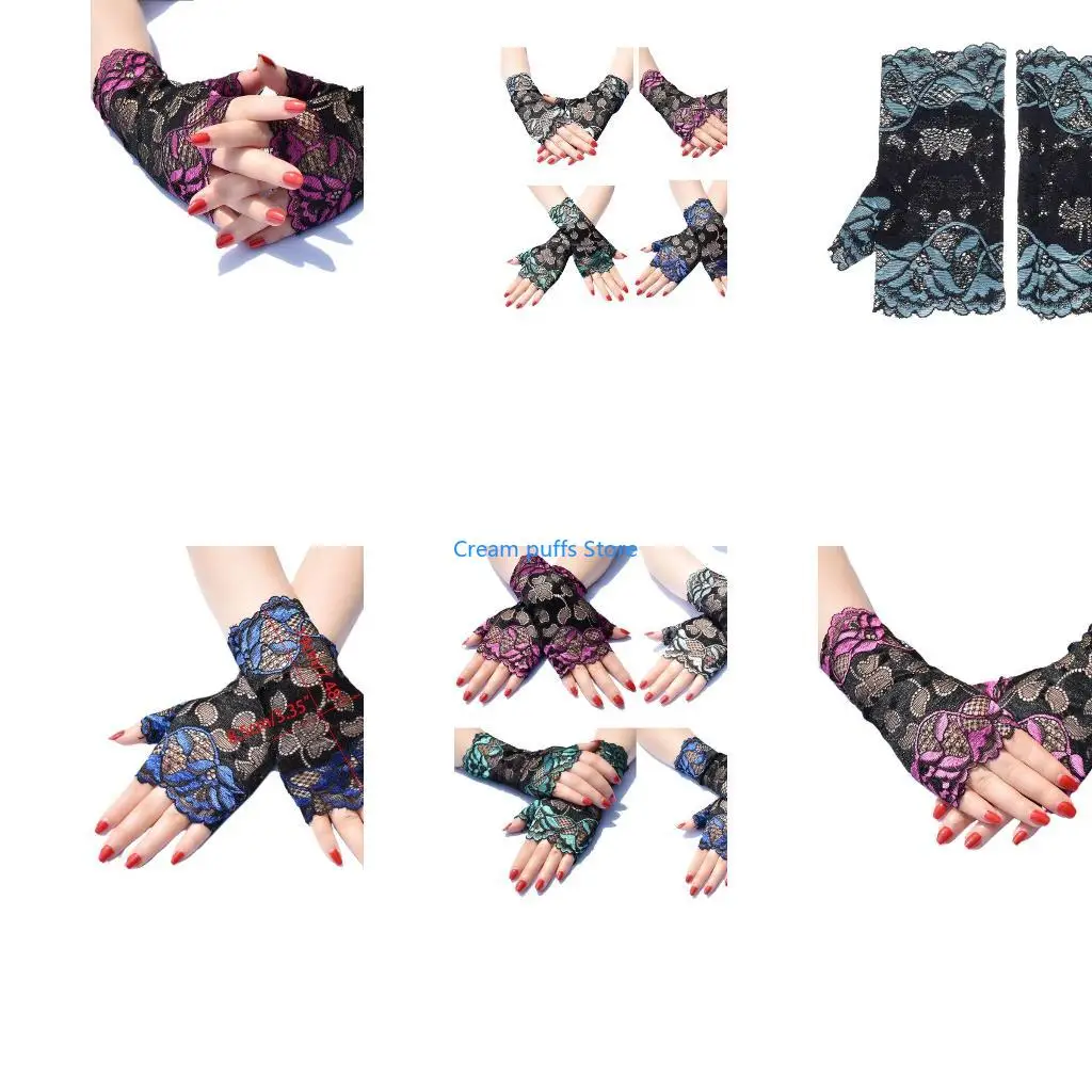 50LE Summer Lace Fingerless Gloves Hollow Floral Wedding Dancing Party Driving Mitten