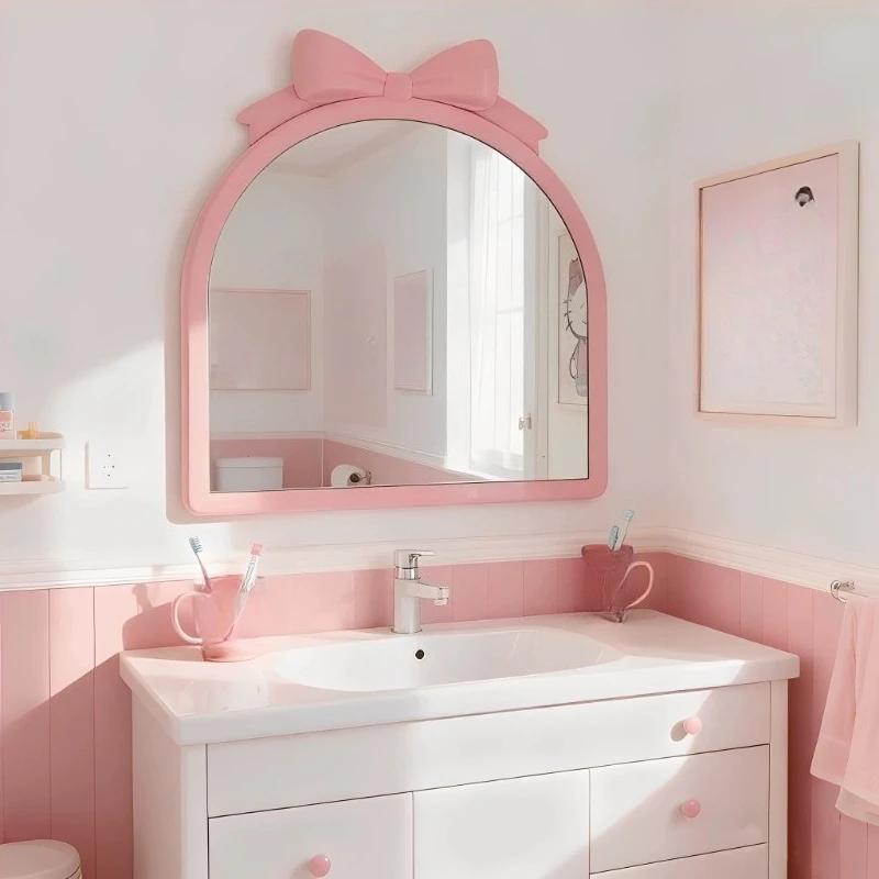 

Cream wind pink wall-mounted decorative mirror bow smart lamp vanity mirror