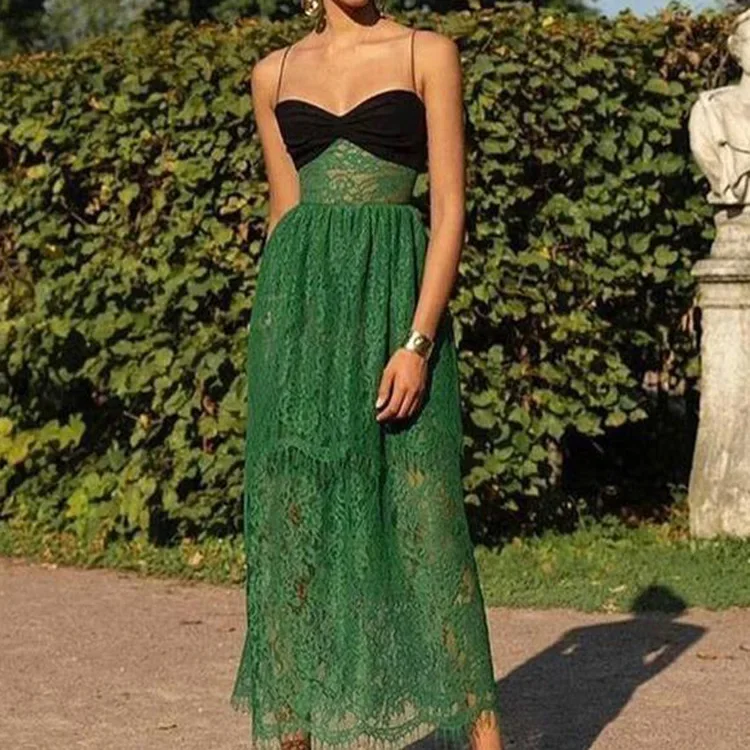 Summer Women's Clothing Dress Sexy Strap Lace Green Hollow Holiday Multi-Layer Dress Long High Waist