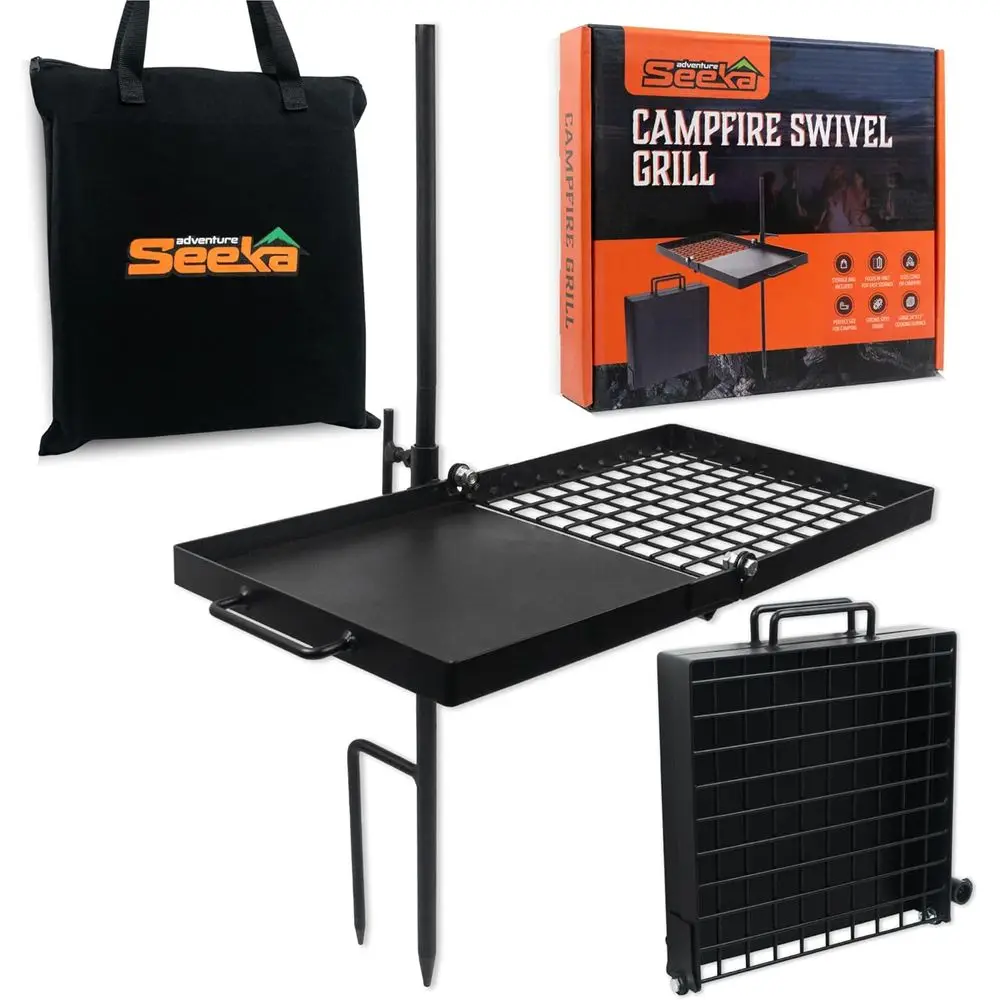 

Sturdy 24 Portable Campfire Grill with Swivel, Wood-Safe Cooking Surface, Grate & Griddle for Outdoor Adventures