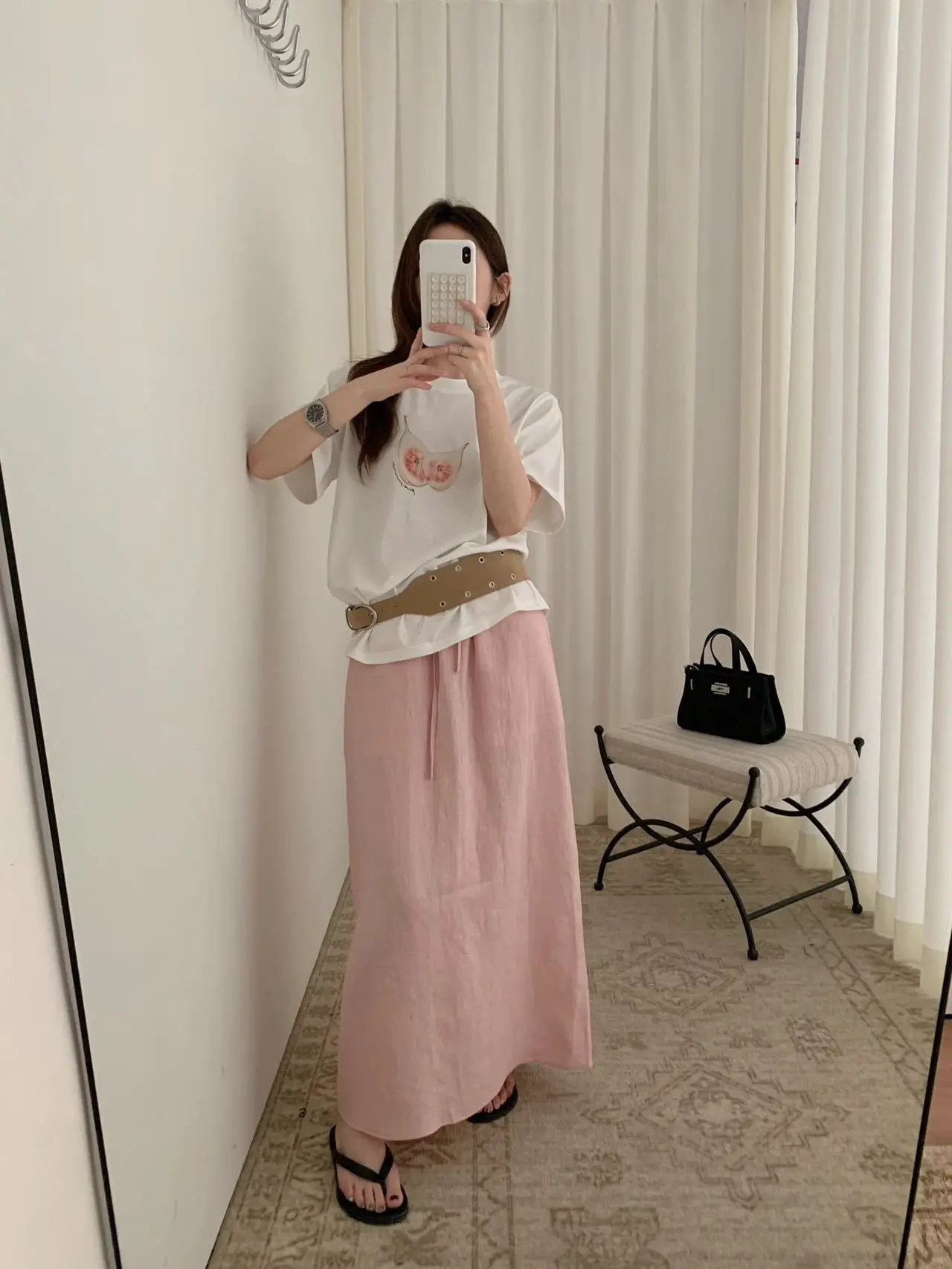 

Льняная длинная юбка Lilian с высокой талией, на шнурке, эластичная, для похудения, женская, повседневная, в корейском стиле, А-силуэт, T4725