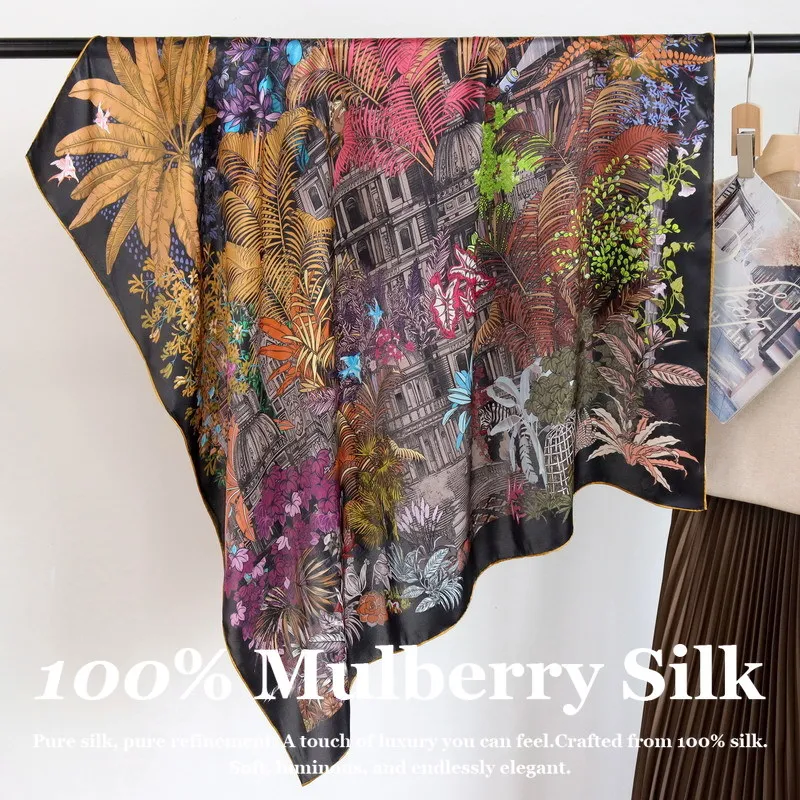 

New 2026 Luxury 110cm Square Mulberry Silk Scarf Real Silk Hand Rolled Edge Large Shawl Wrap Designer Vintage Floral Print Hijab