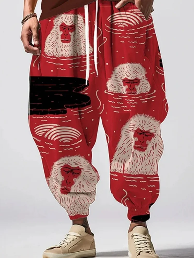 

Sweatpants Casual Loose Monkey Printed Drawstring Waisted Harem Pants 2026 Men's Holiday Chic Long Trousers Oversized Bottoms