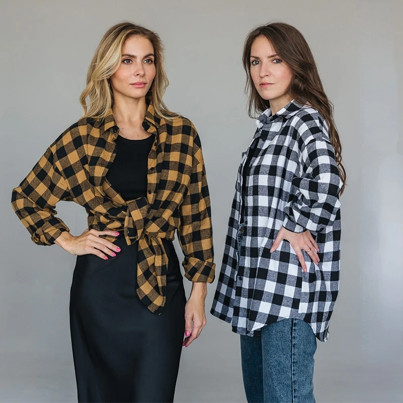 

2022 Vintage Checked Plaid Shirt Cotton Blouse Women's Long Sleeve Casual Loose Tops Front Pocket Woman Tops Button Up Shirt